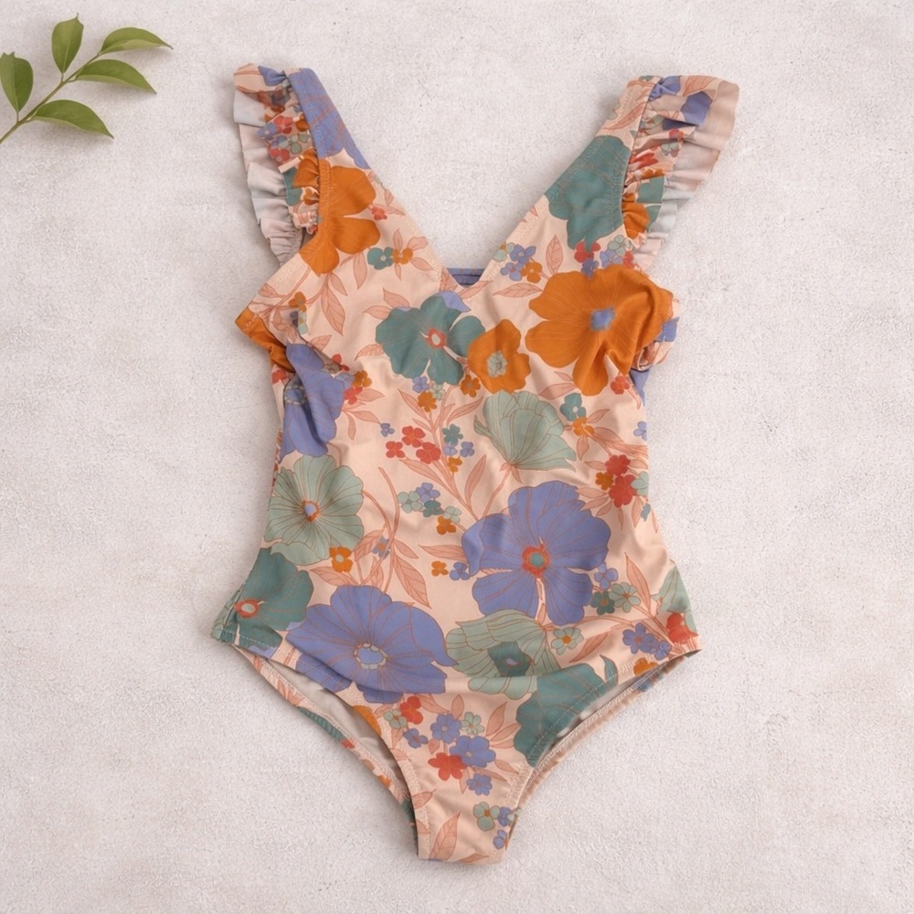 Jessica Simpson Floral One Piece Swimsuit Womens Size‎ S Peach Ruffle Retro Boho